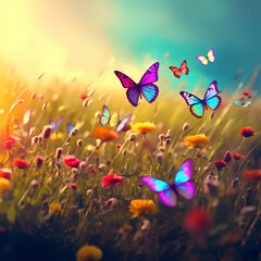 Fototapeta na wymiar Rainbow-colored butterflies in a meadow. 