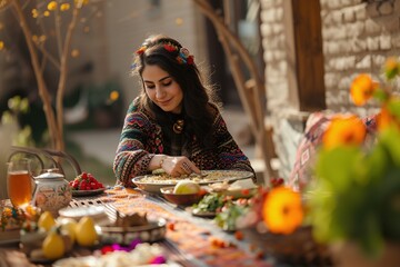Traditional Nowruz symbols and stories in a contemporary setting, connecting them to relevant social issues, personal experiences, or environmental awareness. - obrazy, fototapety, plakaty
