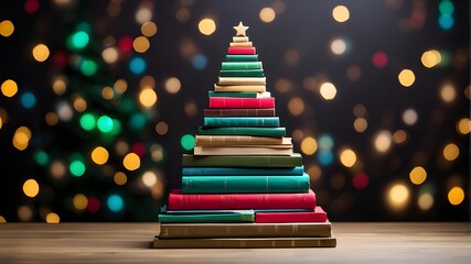  A Christmas tree constructed out of books. Christmas tree-shaped colorful books with bokeh lights in the background. Christmas background with a creative and minimalist feel. Christmas reading - Powered by Adobe