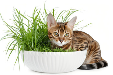 Bengal cat sitting on the grass growing in a bowl