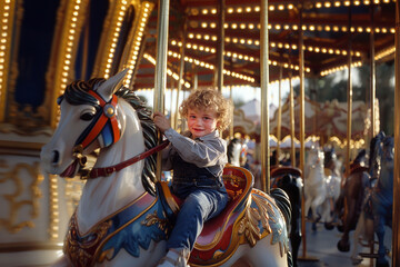 Fototapeta na wymiar Cute little boy riding on a merry-go-round carousel