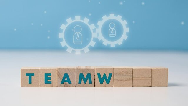 teamwork text with gears and team symbols animation, business teamwork concept.