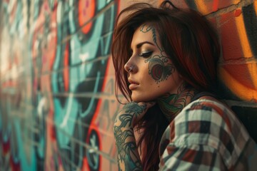 Tattooed Woman Leaning Against Graffiti Wall, Urban Style