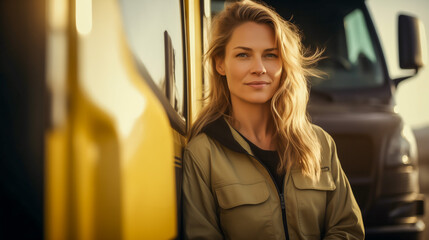 Portrait of a professional truck driver woman in front of a truck