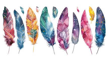 Set of artistic watercolor feathers with cosmic and floral designs, perfect for creative backgrounds or decor.