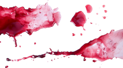 Splattered and smeared red ink, wine or blood blots on white, chaotic and artistic, perfect for backgrounds or creative concepts.