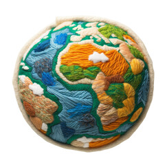 Textured, embroidered representation of the Earth, highlighting geographical features with colorful threads.