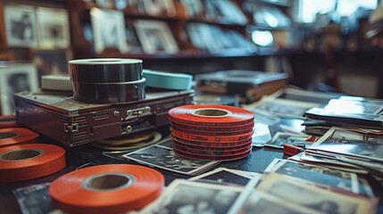 An assortment of film reels, a projector, and scattered black and white photographs on a table, evoking nostalgia for analog photography.