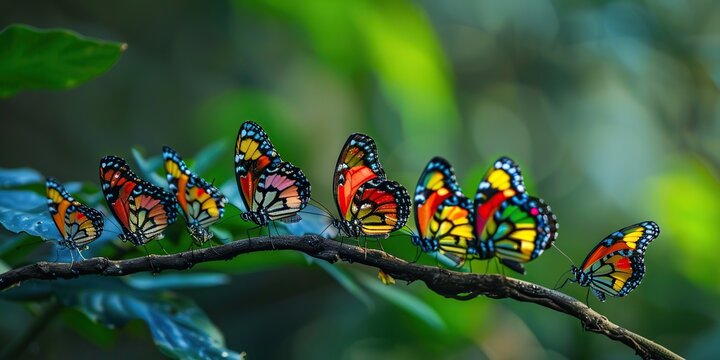 Butterflies clustering on a branch during migration , concept of Insect migration