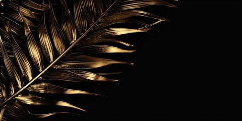 Golden Palm Tree Leaf on Black Background, copy space. Abstract Black Gold Background