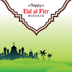Happy eid al fitr with mosque and mountains background creative 