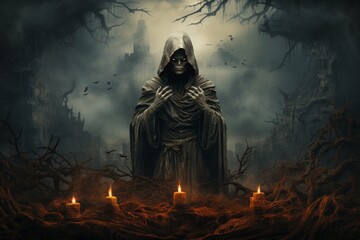 a grim reaper is standing in a dark forest surrounded by candles