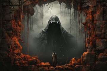 a grim reaper in a hood is standing in a cave - obrazy, fototapety, plakaty