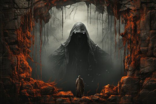 a grim reaper in a hood is standing in a cave