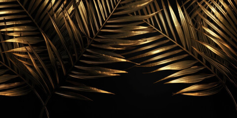 Golden Palm Tree Leaves on Black Background, copy space. Abstract Tropical Black Gold Background