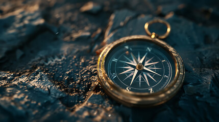 Vintage compass on a textured rock surface. Concept of navigation and adventure. Suitable for design in travel, exploration, and history themes. Close-up shot with selective focus
