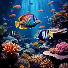 Naklejka na ściany i meble Underwater coral reef with vibrant fish.