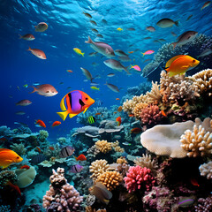 Fototapeta na wymiar Underwater coral reef with vibrant fish.