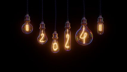 Light bulb New Year background. Edison light bulb. 2024 year. 3d rendering illustration not AI