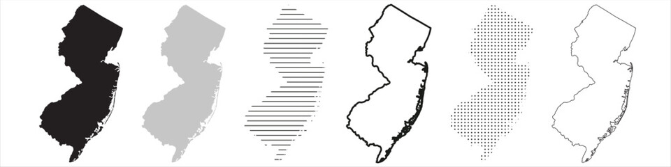 New Jersey State Map Black. New Jersey map silhouette isolated on transparent background. Vector Illustration. Variants.