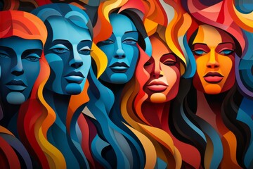 a colorful painting of a group of women s faces with long hair - obrazy, fototapety, plakaty