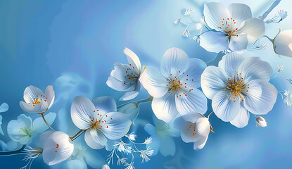 white flowers on a blue background in the style of al