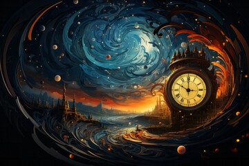 a painting of a clock in the middle of a galaxy - obrazy, fototapety, plakaty