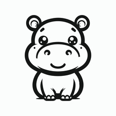 Black and white cartoon of a smiling hippopotamus. Lineart, Coloring Page, Vector design.
