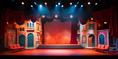 Foto op Plexiglas a stage with red curtains and a red stage with a red curtain and a blue light © Violeta