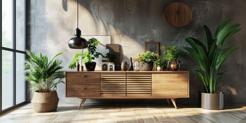 Modern Living Room Interior with Wooden Sideboard and Decor