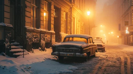Fotobehang Vintage car in the street of Prague in winter. Czech Republic in Europe. © Joyce