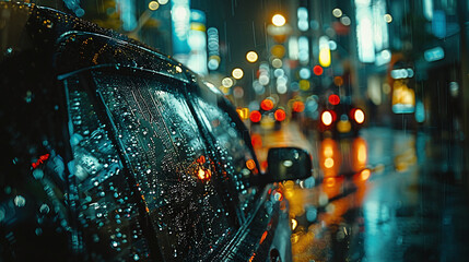 Rainy Night City Lights Bokeh. Close-up of a wet umbrella on a vibrant, bokeh-lit city street during a rainy night.