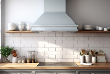 a kitchen with a range hood and shelves