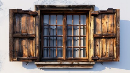 Classic Wooden Window with Shutters on White Background - Exterior Isolated Design