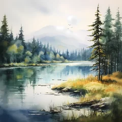 Printed kitchen splashbacks Forest in fog Watercolor painting of a serene lake.