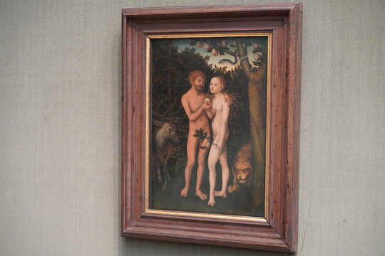 Adam und Eva im Paradies von Lucas Cranach d. &Auml;. in der Gem&auml;ldegalerie in Berlin am 17.02.2024