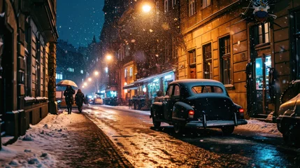 Fototapeten Vintage car park at old street in Prague city in a rainy night. © Joyce