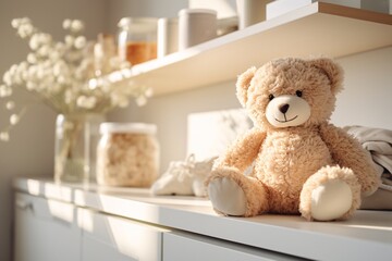 a teddy bear on a shelf - obrazy, fototapety, plakaty