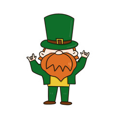 Leprechaun celebrating St Patrick's Day with Irish charm, wearing a green hat, surrounded by clovers, gold, and a festive at mosphere in a charming cartoon illustration with love sign hands 