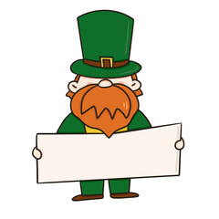 Leprechaun celebrating St Patrick's Day in a festive green hat, surrounded by Irish symbols like clover and gold, in a cheerful cartoon illustration