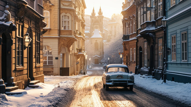 Fototapeta Vintage car in the street of Prague in winter. Czech Republic in Europe.