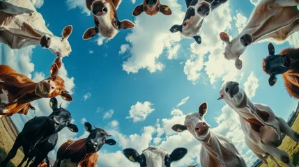 Fototapeten Bottom view of cows standing in a circle against the sky. An unusual look at animals. Farm animal looking at camera © Vladimir
