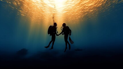 silhouette of scuba divers holding hands under water