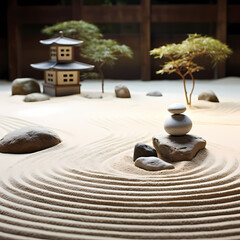 Fototapeta na wymiar Zen garden with raked sand and stones.