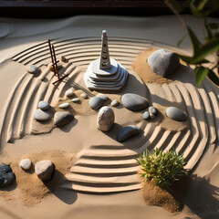 Zen garden with raked sand and stones.