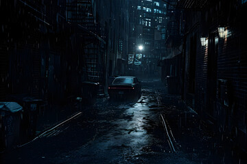 Car in dark rainy night street background - Ai Generated