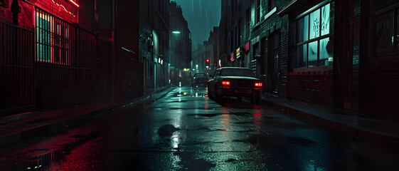 Car in dark rainy night street background - Ai Generated