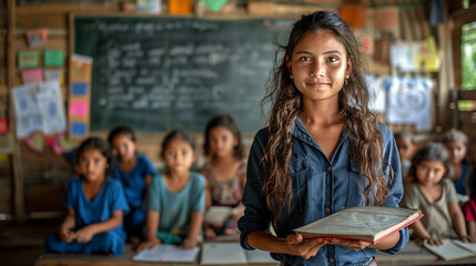 Indian woman volunteer is teaching in remote schools. A young female teacher is carrying a book and standing in classroom, with several pupils is sitting. Generative AI