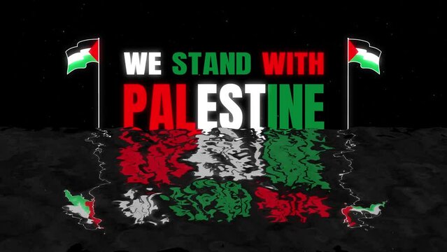 We Stand With Palestine Flag Text Intro and Outro motion graphic template with ocean wave and black stars burst particle background. 4k We Stand With Palestine 2d animation.