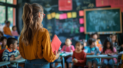 A young female teacher is carrying a book and standing in classroom, with several pupils is sitting. Back view of the teacher is giving a lesson in school. Education concept. Generative AI - obrazy, fototapety, plakaty